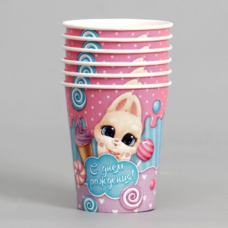 A one -time paper glass with birthday, bunny, set 6 pcs, 250 ml-1