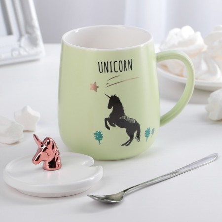 Ceramic mug with a lid and spoon "Golden Horn", 450 ml, color mix-4