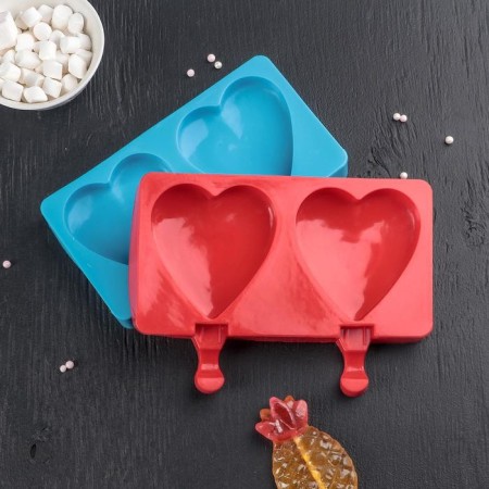Ice Cream Form "heart", silicone, 19.5 × 14 × 2.5 cm, 2 cells (8.4 × 9 cm), color mix-4