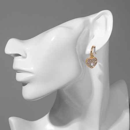 Hanging earrings with rhinestones "Bear" with heart, white color in gold-3