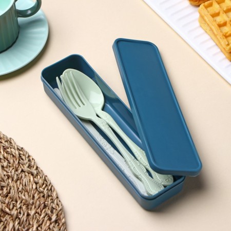 A set of cutlery in a case of a share, fork, spoon, knife, color mix