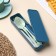 A set of cutlery in a case of a share, fork, spoon, knife, color mix