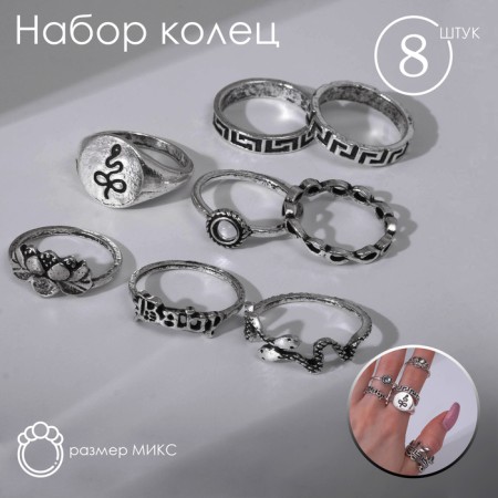 Ring set 8 pieces "Nature", size mix, color black silver