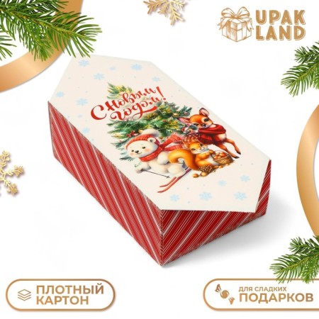 New Year. Gift box - New Year's Folding Candy "Christmas tree and animals", 18 x 28 x 10 cm.