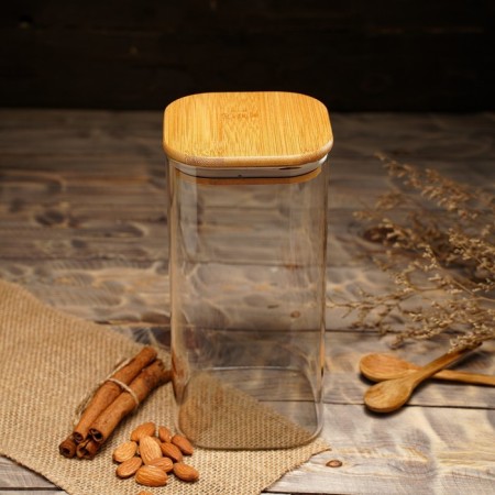 Glass Bank for bulk products with bamboo cover Bellatenero "Eco. Square ", 1.5 l, 10 × 21 cm-7