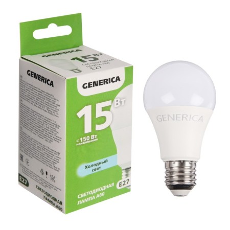 LED LED GENERICA A60, 15 W, pear, 6500 K, E27, 230 V, LL-A60-15-230-65-E27-G