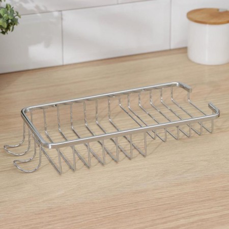 Sponge stand and detergent mounted, 2 hooks, 26 × 11.5 × 4 cm, stainless steel, color chromium-5