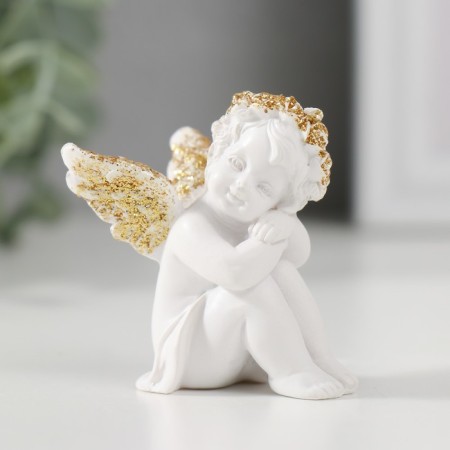 Souvenir Polystone "angel with the head on the knees sits" white with gold 4.5x3.2x4.5 cm