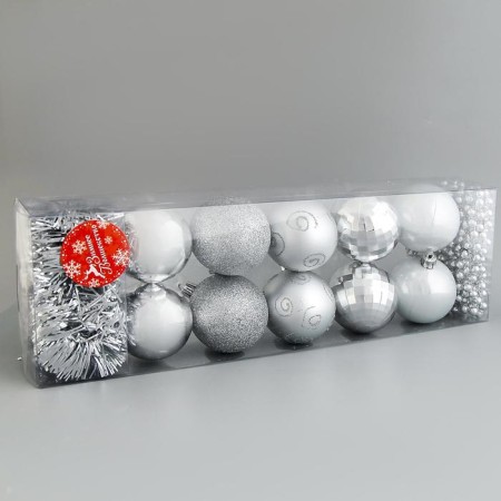 Set of balls plastic with beads and tinsel 12 pcs "Shine" silver-1