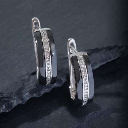 Earrings ceramics "path", black and white color in silver-2