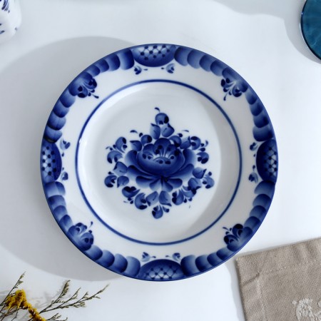 Plate "Flowers", flat, d = 20 cm, gzhel-1
