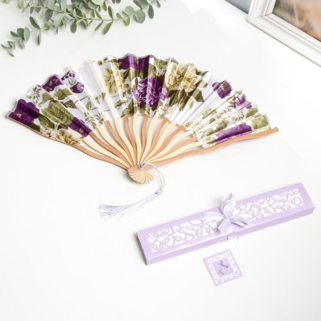 Fan bamboo, textiles h = 21 cm bend, with a brush "flowers" in a box, white-lilac