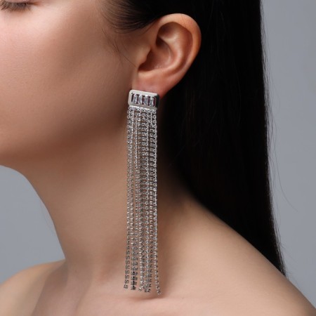 Hanging earrings with Hollywood rhinestones, 8 rows, white color in silver, 12 cm-3