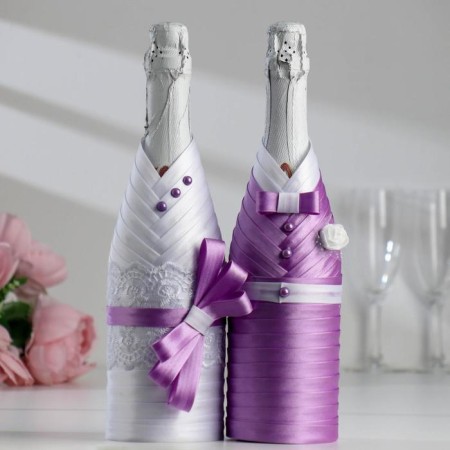 Decoration for champagne "together forever", white with lilac