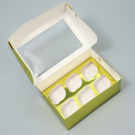 Capcake box, confectionery packaging with a window, 6 golden cells, 25 x 17 x 10 cm-3
