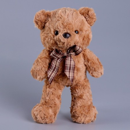 Soft toy "Bear" with a checkered bow, 30 cm, brown color