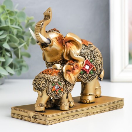 Souvenir Polystone "elephant with an elephant in the Popon with a strom" bronze 14x6.3x13.5 cm-1