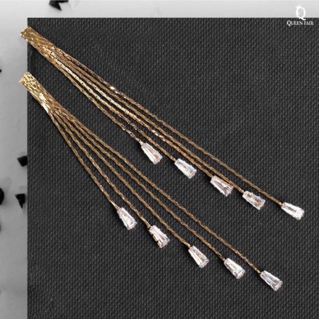 Hanging earrings with the rhinestones "celebrity" 5 threads, white color in gold, 9.5 cm-1