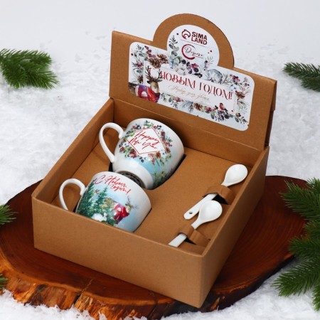 Happy New Year ceramics set, 180 ml mug, 2 pcs, spoon 2 pcs, white color-10
