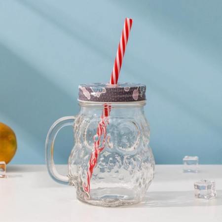 Glass jar with a lid and tube "owl", 470 ml, 10 × 11.5 × 12.5 cm, color mix