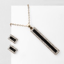 Set 2 objects: earrings, pendant “Classic” rectangle, black and white color in gold, 47 cm