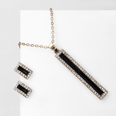 Set 2 objects: earrings, pendant “Classic” rectangle, black and white color in gold, 47 cm