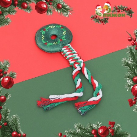 A squeak -soft toy, soft for dogs "New Year Donut" with a rope, 32 cm