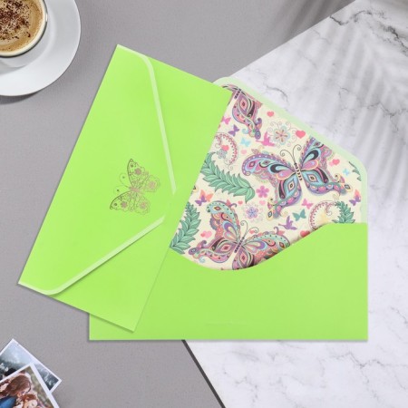 Money envelope "Universal" velvet, butterfly, green background, 19x9.3 cm