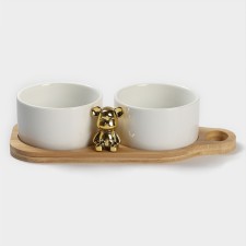 A set of ceramic saucers on a wooden stand “Stylish Bear”, 3 subjects: 2 saucepan 120 ml, stand