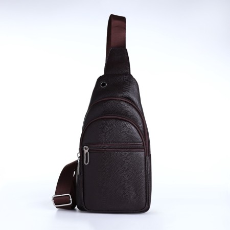 Male sling bag, artificial leather, headphone opening, brown color-2