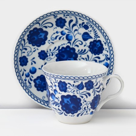Service Ceramic Tea Dolyana "Russian Disor", 13 items on a stand: 6 cups 210 ml, 6 saucers, kettle-6