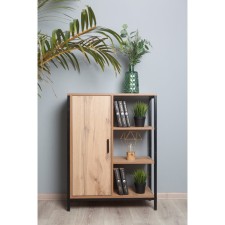 Frame chest of drawers, 700 × 300 × 910 mm, with a door and shelves, the color of chipboard oak vanan / black metal