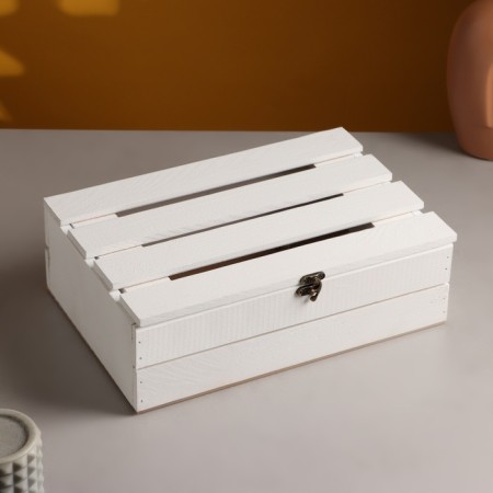 Gift box 30 × 20 × 10 cm wooden with a folding lid, with a lock, pen, white-3