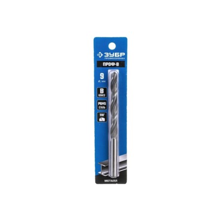 Zubrov metal drill, steel P6M5, cylindrical shank, 9 x 125 mm, class in-1