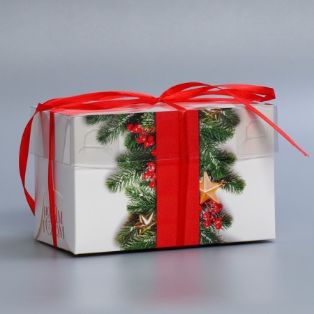 Capcake box "Happy New Year", needles and berries, 16 x 8 x 10 cm, New Year-3
