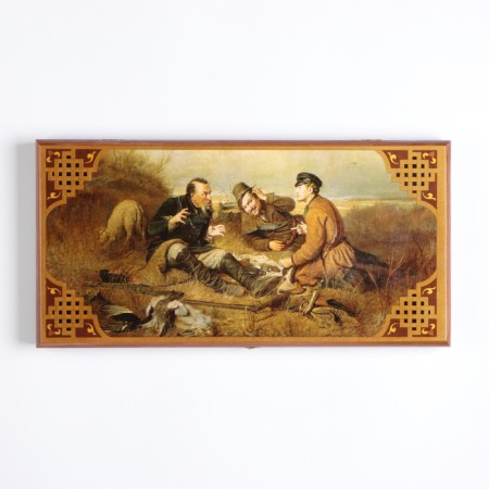Wooden backgammon are large, with checkers "Hunters on a halt", a board game, 50 x 50 cm