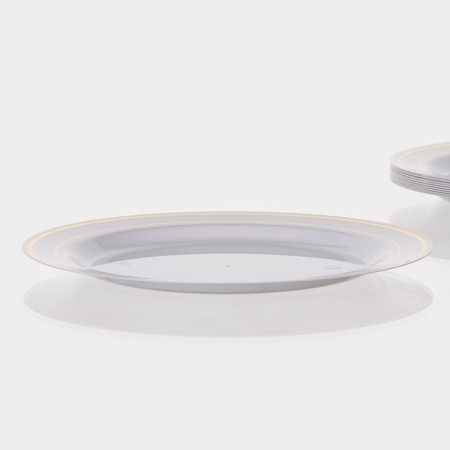 Plastic disposable plastic, 23 cm, round, flat, white color with a golden pocket-6