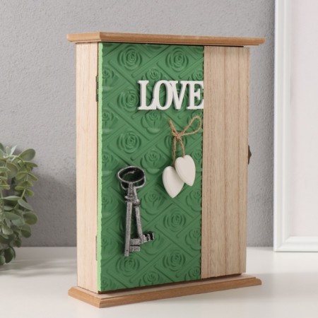 Keywood tree 6 hooks "Printing leaves. Keys and heart" Greens 6.5x20x26.5 cm-1