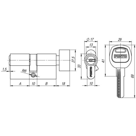 Punto A202/80 SN cylinder mechanism, 35x10x35 mm, 5 keys, matte nickel-1
