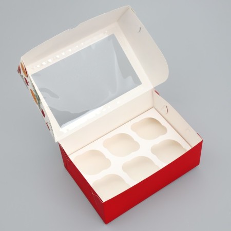 Folding box for 6 cupcakes with the window "Happiness in the New Year", 25 x 17 x 10 cm, New Year-3