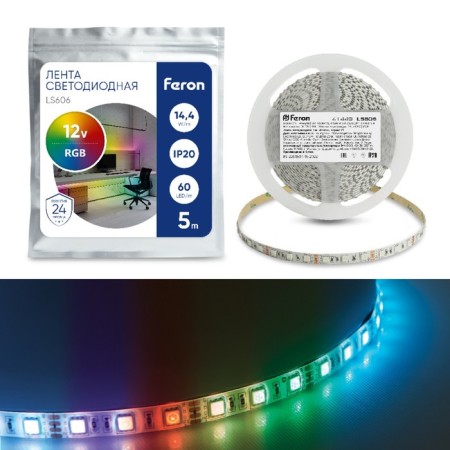 Feron 5 m, IP20, SMD5050, 60 LED/m, 14.4 W/m, 12 V, RGB glow.