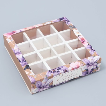 Box for sweets, confectionery packaging, 16 cells, “most tender” 17.7 x 17.7 x 3.8 cm