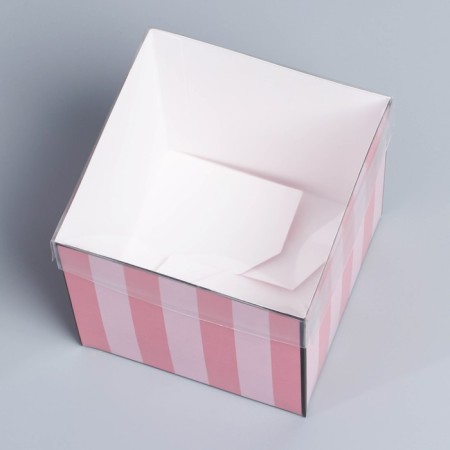 Gift box for flowers with PVC lid, packaging, pink stripes, 12 x 12 x 12 cm-3