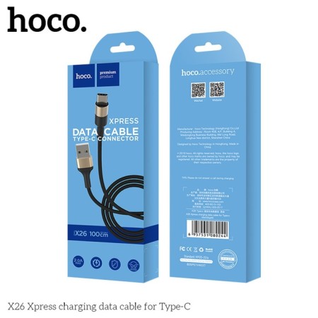 Hoco X26, Type-C cable-USB, 3 A, 1 m, nylon braid, black and golden-4