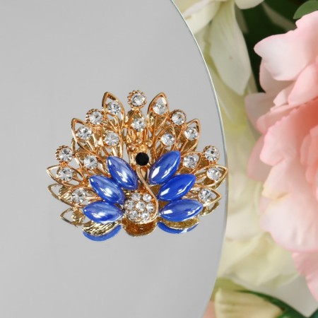 Brooch "Peacock" with a fluffy tail, the color is blue in gold-1