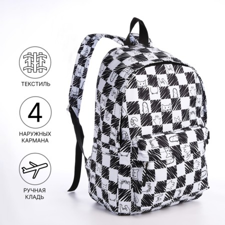 School backpack from textiles with a zipper, 4 pockets, black/white color-1