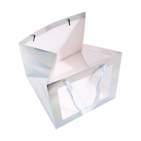 A packet for a cake with a square bottom and window, holographic, 25 x 25 x 25 cm-3