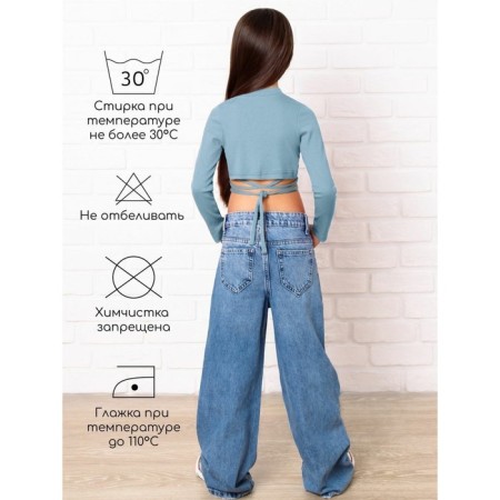 TOP for a girl with long sleeves on Generation ties, height 128 cm, blue color-4