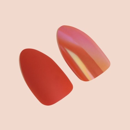 False nails, 24 pcs, with glue plates, the shape of almonds, matte/holography, coral color-1