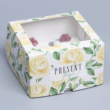 Capcake box, confectionery packaging with a window, 4 cells "White Roses", 16 x 16 x 10 cm-3